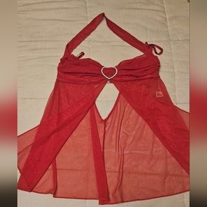 Red Frederick's of Hollywood nighty.  Open front, halter top, RHINESTONE detail.